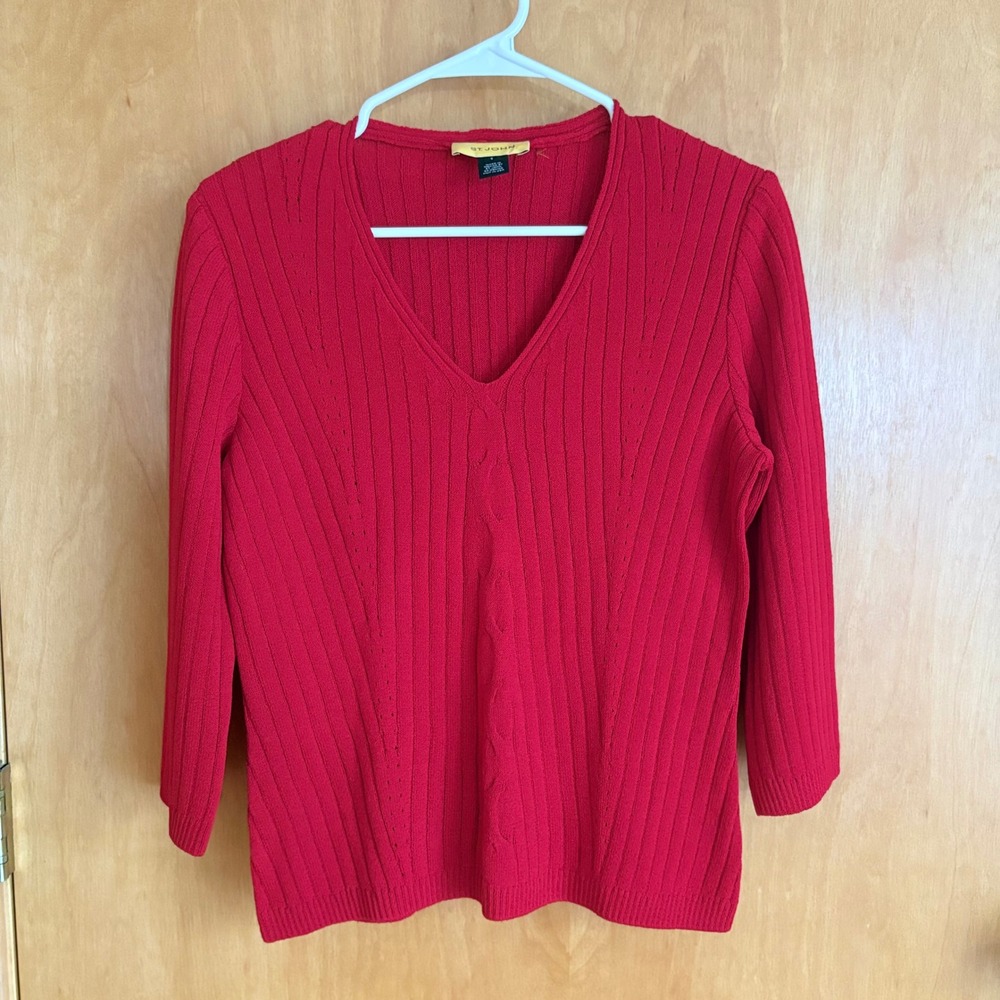 St. John V-Neck Sweater Womens Small Red Ribbed Wool Rayon 3/4 Sleeve SP10‎